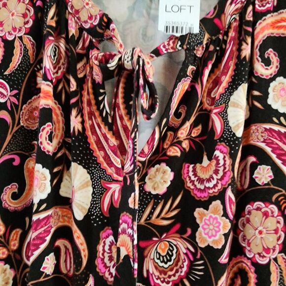 Loft Midi Dress Women Sz L Multicolor Paisley Tiered Tie Neck Long Sleeve Rayon - Picture 6 of 11